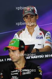 Esteban Gutierrez (MEX) Sauber and Sergio Perez (MEX) Sahara Force India F1 in the FIA Press Conference. 24.07.2014. Formula 1 World Championship, Rd 11, Hungarian Grand Prix, Budapest, Hungary, Preparation Day.