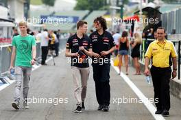 Daniil Kvyat (RUS) Scuderia Toro Rosso with Marco Matassa (ITA) Scuderia Toro Rosso Race Engineer. 24.07.2014. Formula 1 World Championship, Rd 11, Hungarian Grand Prix, Budapest, Hungary, Preparation Day.