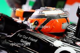 Nico Hulkenberg (GER) Sahara Force India F1 VJM07 carrying a tribute to Sahara Force India F1 Team Mechanic Gary North, who was better known in the paddock as 'Gadget'. 05.09.2014. Formula 1 World Championship, Rd 13, Italian Grand Prix, Monza, Italy, Practice Day.