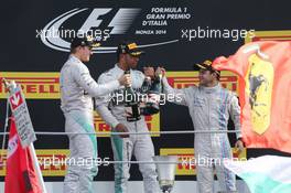 The podium (L to R): Nico Rosberg (GER) Mercedes AMG F1, second; Lewis Hamilton (GBR) Mercedes AMG F1, race winner; Felipe Massa (BRA) Williams, third. 07.09.2014. Formula 1 World Championship, Rd 13, Italian Grand Prix, Monza, Italy, Race Day.