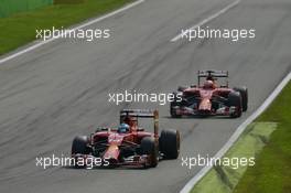 Fernando Alonso (ESP) Ferrari F14-T leads team mate Kimi Raikkonen (FIN) Ferrari F14-T. 07.09.2014. Formula 1 World Championship, Rd 13, Italian Grand Prix, Monza, Italy, Race Day.