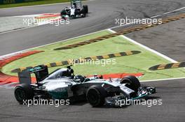 Nico Rosberg (GER) Mercedes AMG F1 W05 leads Lewis Hamilton (GBR) Mercedes AMG F1 W05. 07.09.2014. Formula 1 World Championship, Rd 13, Italian Grand Prix, Monza, Italy, Race Day.