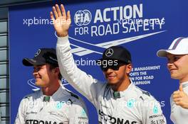 Qualifying top three in parc ferme (L to R): Nico Rosberg (GER) Mercedes AMG F1, second; Lewis Hamilton (GBR) Mercedes AMG F1, pole position; Valtteri Bottas (FIN) Williams, third. 06.09.2014. Formula 1 World Championship, Rd 13, Italian Grand Prix, Monza, Italy, Qualifying Day.