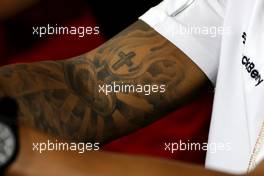 Tattoos of Lewis Hamilton (GBR), Mercedes AMG F1 Team  04.09.2014. Formula 1 World Championship, Rd 13, Italian Grand Prix, Monza, Italy, Preparation Day.