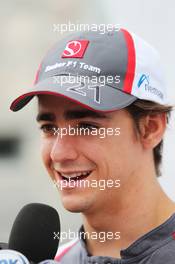 Esteban Gutierrez (MEX) Sauber with the media. 04.09.2014. Formula 1 World Championship, Rd 13, Italian Grand Prix, Monza, Italy, Preparation Day.