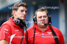 (L to R): Graeme Lowdon (GBR) Marussia F1 Team Chief Executive Officer with Dave Greenwood (GBR) Marussia F1 Team Race Engineer. 31.01.2014. Formula One Testing, Day Four, Jerez, Spain.
