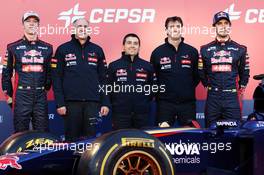 (L to R): Daniil Kvyat (RUS) Scuderia Toro Rosso; Franz Tost (AUT) Scuderia Toro Rosso Team Principal; Luca Furbatto (ITA) Scuderia Toro Rosso Chief Designer; James Key (GBR) Scuderia Toro Rosso Technical Director; Daniel Ricciardo (AUS) Red Bull Racing, at the unveiling of the Scuderia Toro Rosso STR9. 27.01.2014. Formula One Testing, Preparations, Jerez, Spain.
