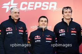 (L to R): Franz Tost (AUT) Scuderia Toro Rosso Team Principal; Luca Furbatto (ITA) Scuderia Toro Rosso Chief Designer; and James Key (GBR) Scuderia Toro Rosso Technical Director, at the unveiling of the Scuderia Toro Rosso STR9. 27.01.2014. Formula One Testing, Preparations, Jerez, Spain.