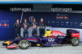 (L to R): Christian Horner (GBR) Red Bull Racing Team Principal; Sebastian Vettel (GER) Red Bull Racing; Daniel Ricciardo (AUS) Red Bull Racing; and Adrian Newey (GBR) Red Bull Racing Chief Technical Officer at the unveiling of the new Red Bull Racing RB10. 28.01.2014. Formula One Testing, Day One, Jerez, Spain.