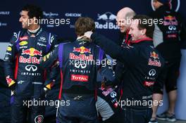 (L to R): Daniel Ricciardo (AUS) Red Bull Racing; Sebastian Vettel (GER) Red Bull Racing; Adrian Newey (GBR) Red Bull Racing Chief Technical Officer; and Christian Horner (GBR) Red Bull Racing Team Principal at the unveiling of the Red Bull Racing RB10. 28.01.2014. Formula One Testing, Day One, Jerez, Spain.