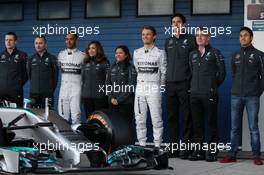 (L to R): Paddy Lowe (GBR) Mercedes AMG F1 Executive Director (Technical); Lewis Hamilton (GBR) Mercedes AMG F1; Nico Rosberg (GER) Mercedes AMG F1; and Toto Wolff (GER) Mercedes AMG F1 Shareholder and Executive Director, at the unveiling of the new Mercedes AMG F1 W05. 28.01.2014. Formula One Testing, Day One, Jerez, Spain.