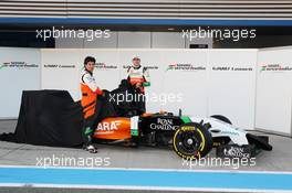 (L to R): Sergio Perez (MEX) Sahara Force India F1 and Nico Hulkenberg (GER) Sahara Force India F1 unveil the new Sahara Force India F1 VJM07.  28.01.2014. Formula One Testing, Day One, Jerez, Spain.