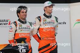 (L to R): Sergio Perez (MEX) Sahara Force India F1 with team mate Nico Hulkenberg (GER) Sahara Force India F1 at the launch of the Sahara Force India F1 VJM07. 28.01.2014. Formula One Testing, Day One, Jerez, Spain.
