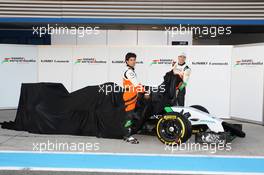 (L to R): Sergio Perez (MEX) Sahara Force India F1 and Nico Hulkenberg (GER) Sahara Force India F1 unveil the new Sahara Force India F1 VJM07.  28.01.2014. Formula One Testing, Day One, Jerez, Spain.