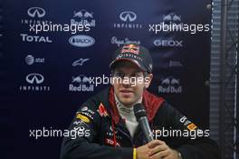 Sebastian Vettel (GER) Red Bull Racing with the media. 28.01.2014. Formula One Testing, Day One, Jerez, Spain.