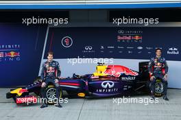 (L to R): Sebastian Vettel (GER) Red Bull Racing and Daniel Ricciardo (AUS) Red Bull Racing RB10 unveil the new Red Bull Racing RB10. 28.01.2014. Formula One Testing, Day One, Jerez, Spain.