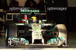 Lewis Hamilton (GBR) Mercedes AMG F1 W05 leaves the pits. 28.01.2014. Formula One Testing, Day One, Jerez, Spain.