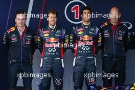 (L to R): Christian Horner (GBR) Red Bull Racing Team Principal; Sebastian Vettel (GER) Red Bull Racing; Daniel Ricciardo (AUS) Red Bull Racing; Adrian Newey (GBR) Red Bull Racing Chief Technical Officer, unveil the new Red Bull Racing RB10. 28.01.2014. Formula One Testing, Day One, Jerez, Spain.
