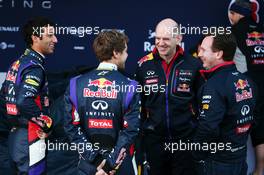 (L to R): Daniel Ricciardo (AUS) Red Bull Racing; Sebastian Vettel (GER) Red Bull Racing; Adrian Newey (GBR) Red Bull Racing Chief Technical Officer; and Christian Horner (GBR) Red Bull Racing Team Principal at the unveiling of the Red Bull Racing RB10. 28.01.2014. Formula One Testing, Day One, Jerez, Spain.