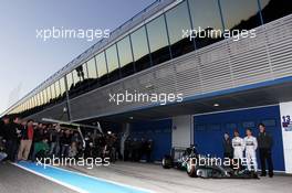 (L to R): Paddy Lowe (GBR) Mercedes AMG F1 Executive Director (Technical); Lewis Hamilton (GBR) Mercedes AMG F1; Nico Rosberg (GER) Mercedes AMG F1; and Toto Wolff (GER) Mercedes AMG F1 Shareholder and Executive Director, at the unveiling of the new Mercedes AMG F1 W05. 28.01.2014. Formula One Testing, Day One, Jerez, Spain.