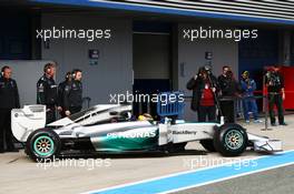 Lewis Hamilton (GBR) Mercedes AMG F1 W05 leaves the pits. 28.01.2014. Formula One Testing, Day One, Jerez, Spain.
