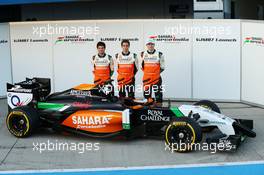(L to R): Sergio Perez (MEX) Sahara Force India F1 with Daniel Juncadella (ESP) Sahara Force India F1 Team Test and Reserve Driver and Nico Hulkenberg (GER) Sahara Force India F1 at the launch of the Sahara Force India F1 VJM07. 28.01.2014. Formula One Testing, Day One, Jerez, Spain.