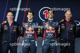 (L to R): Christian Horner (GBR) Red Bull Racing Team Principal; Sebastian Vettel (GER) Red Bull Racing; Daniel Ricciardo (AUS) Red Bull Racing; Adrian Newey (GBR) Red Bull Racing Chief Technical Officer at the unveiling of the Red Bull Racing RB10. 28.01.2014. Formula One Testing, Day One, Jerez, Spain.