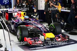 Sebastian Vettel (GER) Red Bull Racing RB10 leaves the pits. 28.01.2014. Formula One Testing, Day One, Jerez, Spain.