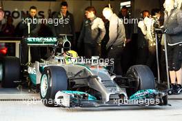 Lewis Hamilton (GBR) Mercedes AMG F1 W05 leaves the pits. 28.01.2014. Formula One Testing, Day One, Jerez, Spain.