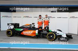 (L to R): Sergio Perez (MEX) Sahara Force India F1 and team mate Nico Hulkenberg (GER) Sahara Force India F1 at the launch of the new Sahara Force India F1 VJM07.  28.01.2014. Formula One Testing, Day One, Jerez, Spain.