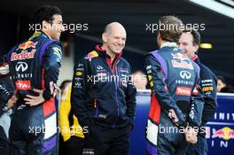 (L to R): Daniel Ricciardo (AUS) Red Bull Racing with Adrian Newey (GBR) Red Bull Racing Chief Technical Officer; Sebastian Vettel (GER) Red Bull Racing; and Christian Horner (GBR) Red Bull Racing Team Principal at the unveiling of the Red Bull Racing RB10. 28.01.2014. Formula One Testing, Day One, Jerez, Spain.