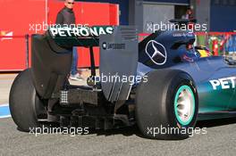 Lewis Hamilton (GBR) Mercedes AMG F1 W05 rear diffuser detail. 28.01.2014. Formula One Testing, Day One, Jerez, Spain.