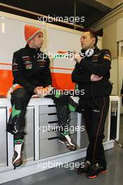 (L to R): Sergio Perez (MEX) Sahara Force India F1 with Gianpiero Lambiase (ITA) Sahara Force India F1 Engineer. 29.01.2014. Formula One Testing, Day Two, Jerez, Spain.