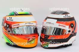 (L to R): The helmets of Sergio Perez (MEX) Sahara Force India F1 and team mate Nico Hulkenberg (GER) Sahara Force India F1.  29.01.2014. Formula One Testing, Day Two, Jerez, Spain.
