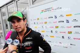 Sergio Perez (MEX) Sahara Force India F1 with the media. 02.10.2014. Formula 1 World Championship, Rd 15, Japanese Grand Prix, Suzuka, Japan, Preparation Day.