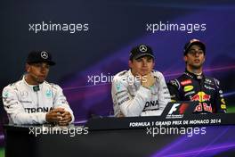 The post race FIA Press Conference (L to R): Nico Rosberg (GER) Mercedes AMG F1, second; Lewis Hamilton (GBR) Mercedes AMG F1, race winner; Daniel Ricciardo (AUS) Red Bull Racing, third. 25.05.2014. Formula 1 World Championship, Rd 6, Monaco Grand Prix, Monte Carlo, Monaco, Race Day.