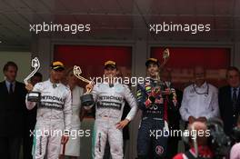 The podium (L to R): Nico Rosberg (GER) Mercedes AMG F1, second; Lewis Hamilton (GBR) Mercedes AMG F1, race winner; Daniel Ricciardo (AUS) Red Bull Racing, third. 25.05.2014. Formula 1 World Championship, Rd 6, Monaco Grand Prix, Monte Carlo, Monaco, Race Day.