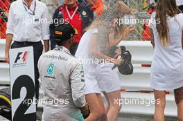 Lewis Hamilton (GBR) Mercedes AMG F1 celebrates his second position on the podium. 25.05.2014. Formula 1 World Championship, Rd 6, Monaco Grand Prix, Monte Carlo, Monaco, Race Day.
