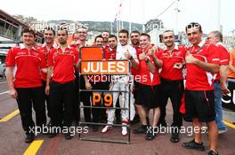 Jules Bianchi (FRA) Marussia F1 Team celebrates his and the team's first F1 points with his team crew. 25.05.2014. Formula 1 World Championship, Rd 6, Monaco Grand Prix, Monte Carlo, Monaco, Race Day.