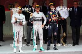 The podium (L to R): Nico Rosberg (GER) Mercedes AMG F1, second; Lewis Hamilton (GBR) Mercedes AMG F1, race winner; Daniel Ricciardo (AUS) Red Bull Racing, third. 25.05.2014. Formula 1 World Championship, Rd 6, Monaco Grand Prix, Monte Carlo, Monaco, Race Day.