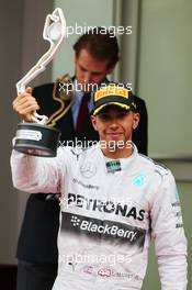 Lewis Hamilton (GBR) Mercedes AMG F1 celebrates his second position on the podium. 25.05.2014. Formula 1 World Championship, Rd 6, Monaco Grand Prix, Monte Carlo, Monaco, Race Day.