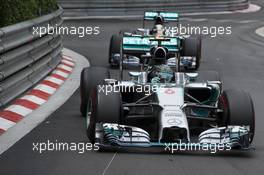 Nico Rosberg (GER) Mercedes AMG F1 W05 leads team mate Lewis Hamilton (GBR) Mercedes AMG F1 W05. 25.05.2014. Formula 1 World Championship, Rd 6, Monaco Grand Prix, Monte Carlo, Monaco, Race Day.
