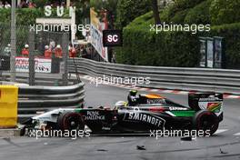 Sergio Perez (MEX) Sahara Force India F1 VJM07 crashed out at the start of the race. 25.05.2014. Formula 1 World Championship, Rd 6, Monaco Grand Prix, Monte Carlo, Monaco, Race Day.