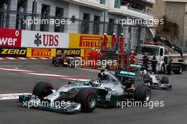 Nico Rosberg (GER) Mercedes AMG F1 W05 leads team mate Lewis Hamilton (GBR) Mercedes AMG F1 W05. 25.05.2014. Formula 1 World Championship, Rd 6, Monaco Grand Prix, Monte Carlo, Monaco, Race Day.