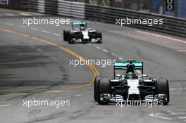 Nico Rosberg (GER) Mercedes AMG F1 W05 leads team mate Lewis Hamilton (GBR) Mercedes AMG F1 W05. 25.05.2014. Formula 1 World Championship, Rd 6, Monaco Grand Prix, Monte Carlo, Monaco, Race Day.