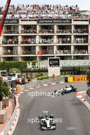 Nico Rosberg (GER) Mercedes AMG F1 W05 leads team mate Lewis Hamilton (GBR) Mercedes AMG F1 W05. 25.05.2014. Formula 1 World Championship, Rd 6, Monaco Grand Prix, Monte Carlo, Monaco, Race Day.