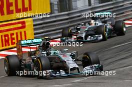 Nico Rosberg (GER) Mercedes AMG F1 W05 leads Lewis Hamilton (GBR) Mercedes AMG F1 W05. 25.05.2014. Formula 1 World Championship, Rd 6, Monaco Grand Prix, Monte Carlo, Monaco, Race Day.