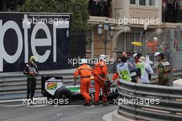 Sergio Perez (MEX) Sahara Force India F1 VJM07 crashed out at the start of the race. 25.05.2014. Formula 1 World Championship, Rd 6, Monaco Grand Prix, Monte Carlo, Monaco, Race Day.