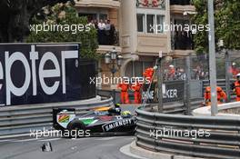 Sergio Perez (MEX) Sahara Force India F1 VJM07 crashed out at the start of the race. 25.05.2014. Formula 1 World Championship, Rd 6, Monaco Grand Prix, Monte Carlo, Monaco, Race Day.