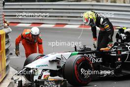 Sergio Perez (MEX) Sahara Force India F1 VJM07 crashed out at the start of the race. 25.05.2014. Formula 1 World Championship, Rd 6, Monaco Grand Prix, Monte Carlo, Monaco, Race Day.